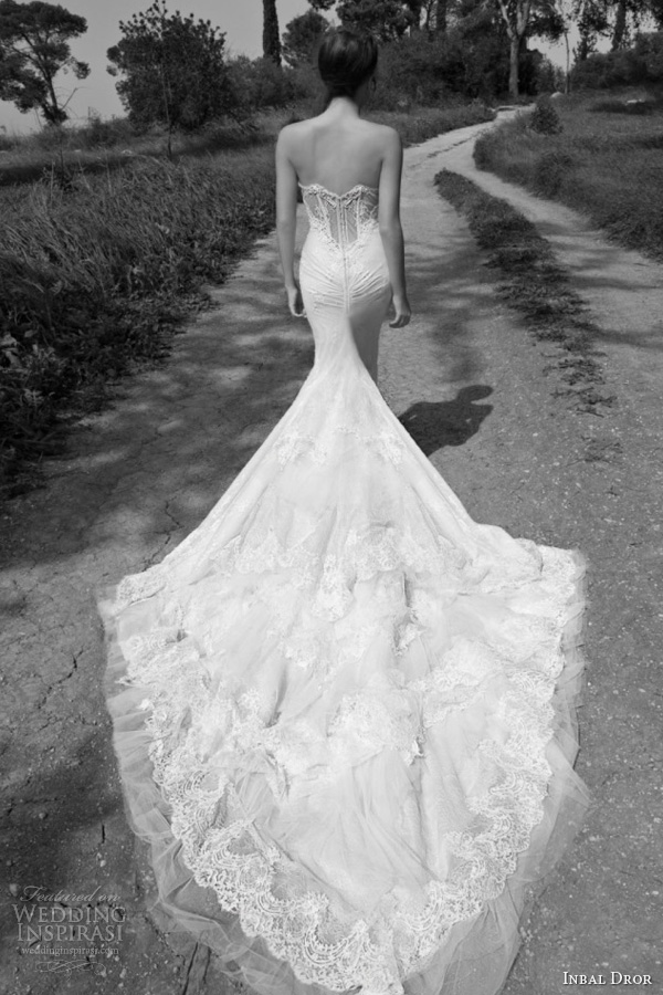 inbal dror 2013 bridal strapless wedding dress lace corset bodice train