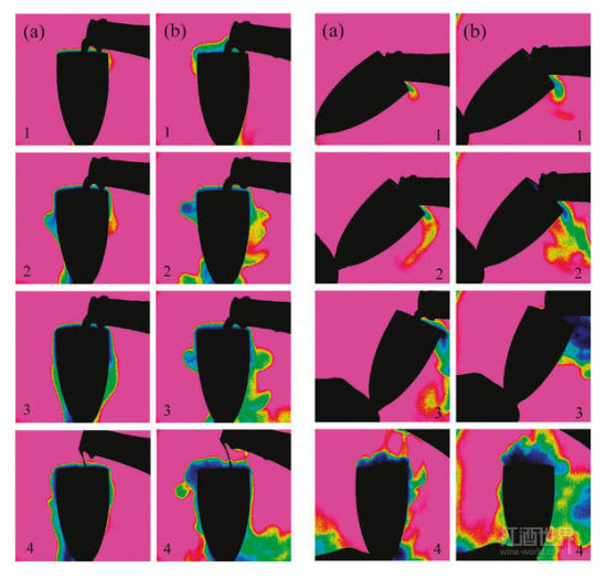 采用红外摄像机拍摄的倒酒过程。左图为通常的倒起泡酒的方式；右图为类似于倒啤酒的方式