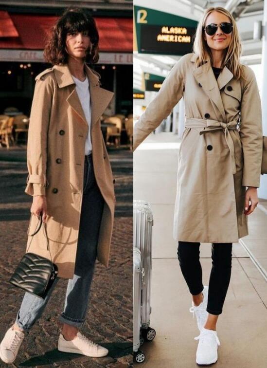 卡其色风衣 黑色小脚裤