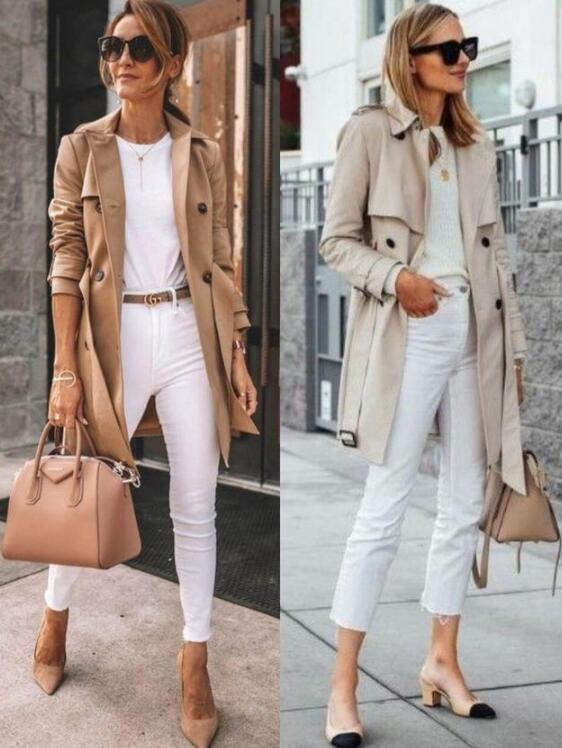 卡其色风衣 白色系的九分裤