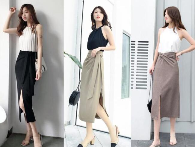 高开衩半身裙 挂脖式吊带