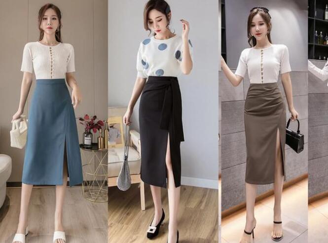 高开衩半身裙 针织短袖