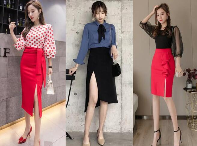 高开衩半身裙 衬衫