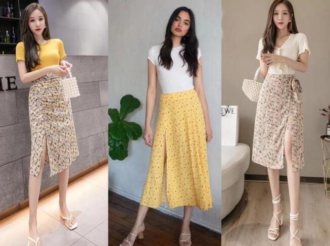 碎花高开衩半身裙 短袖