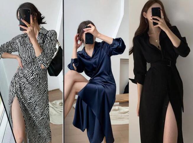 衬衫高开衩连衣裙