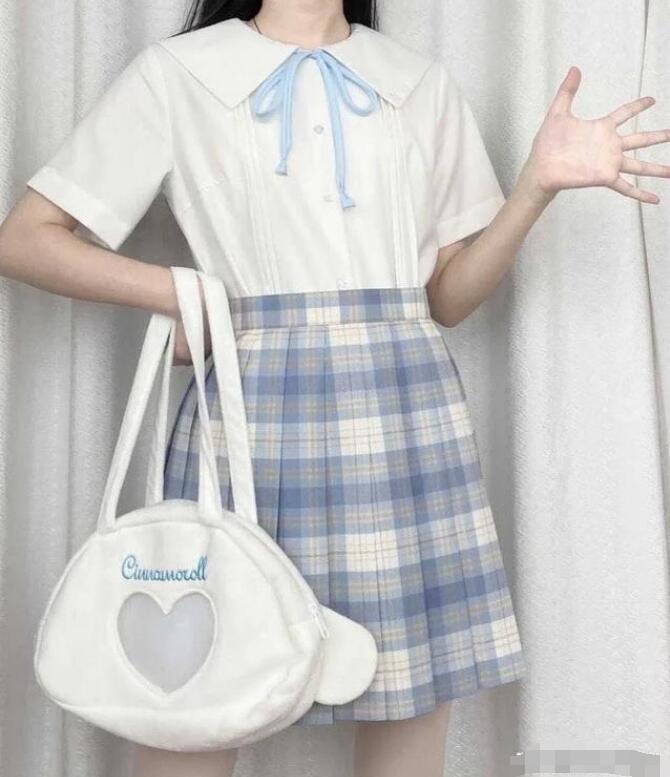 荷叶领衬衫 方格短裙