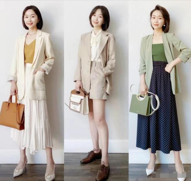 奶杏色西装 波点半身裙