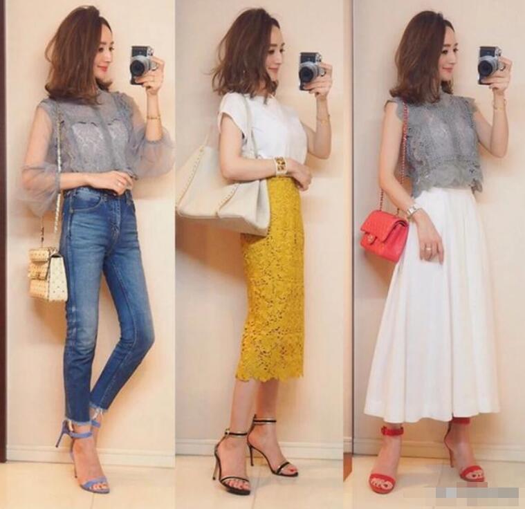 牛仔小脚裤 蕾丝拼接透明网纱袖的上衣