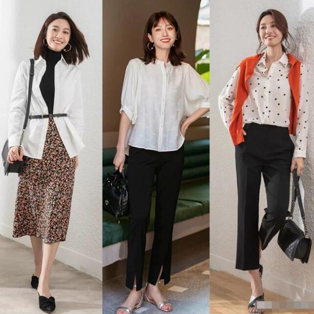 波点衬衫 黑色西装裤