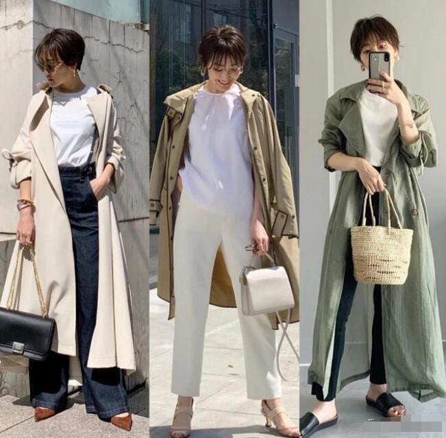 杏色的长款风衣 白T与深蓝色的高腰拖地阔腿裤