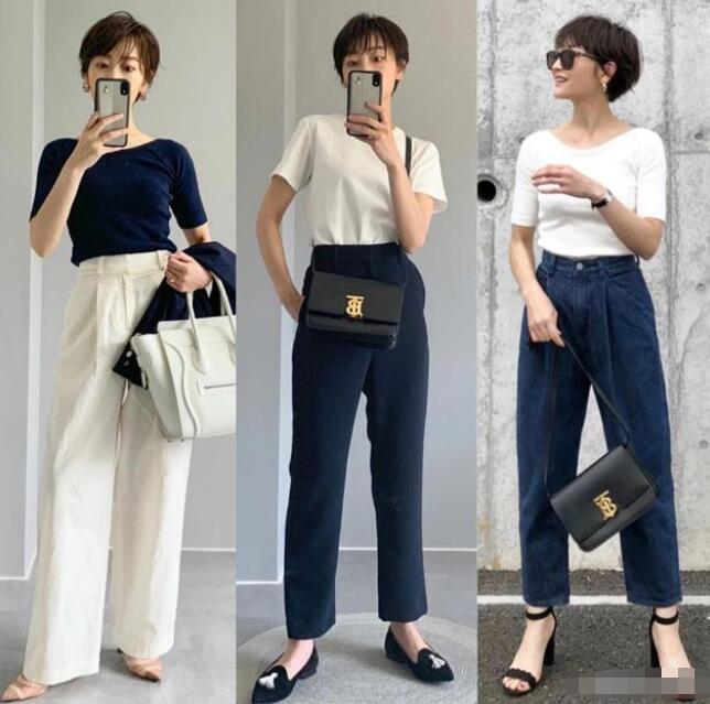 纯色白T 深蓝色的高腰西装裤