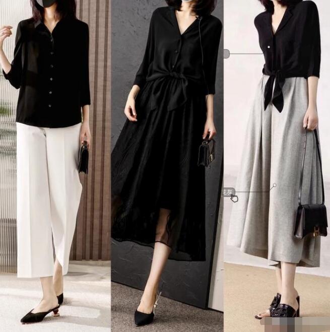 黑色衬衫 白色阔腿裤