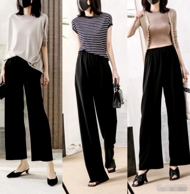 黑色阔腿裤 灰色T恤