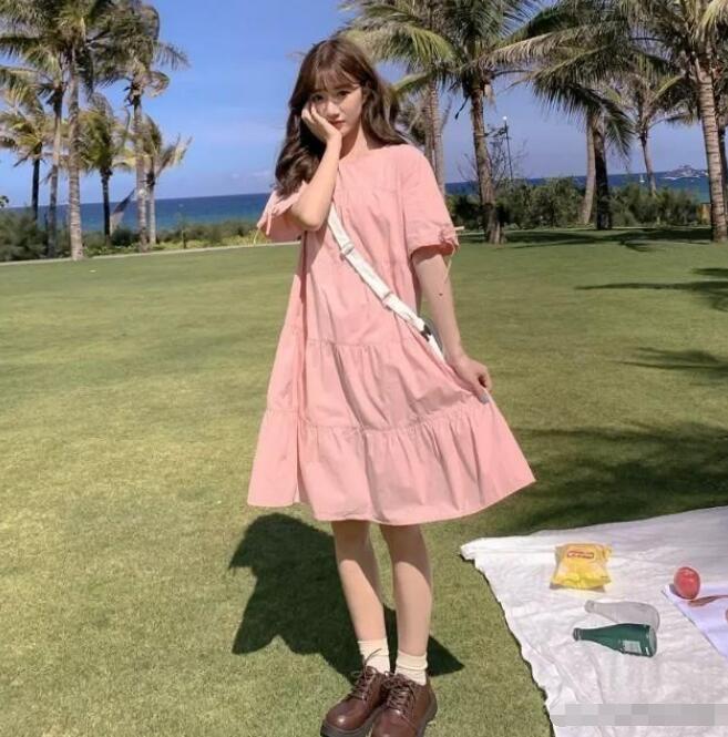 粉色蛋糕裙 棕色厚底单鞋