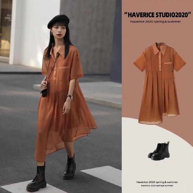 不规则雪纺连衣裙 马丁靴 贝雷帽