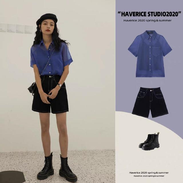 宝蓝色衬衫 黑色五分裤