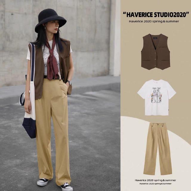 白色T恤 马甲 阔腿裤