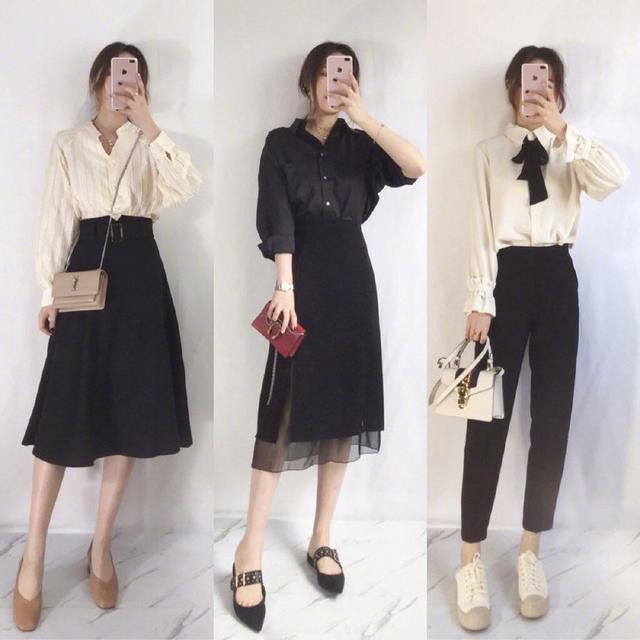 黑色冰丝衬衫 黑色半身长裙