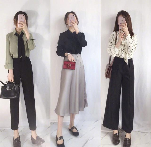  黑色衬衣 灰色半身裙
