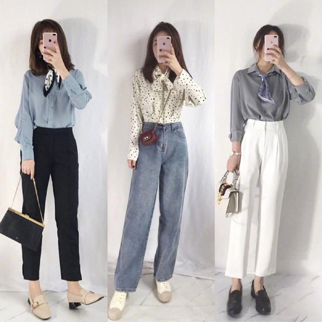 灰色衬衣 白色直筒裤