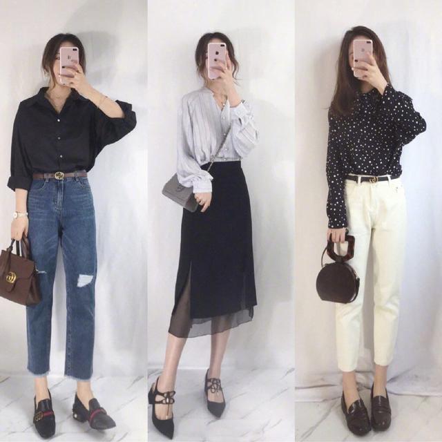 浅蓝色衬衫 黑色半身开叉裙