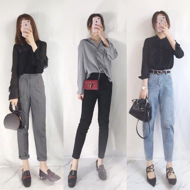 灰色衬衣 黑色修身裤