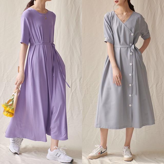 紫色圆领连衣裙 小白鞋