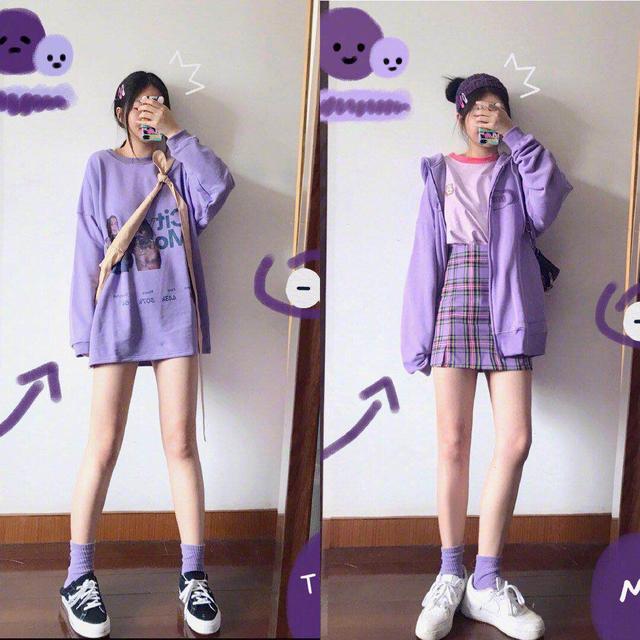 紫色运动外套 浅紫色T恤 紫色格纹裙