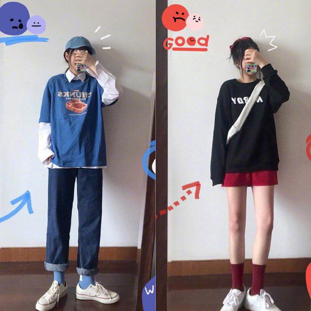 黑色长袖T恤 红色短裤