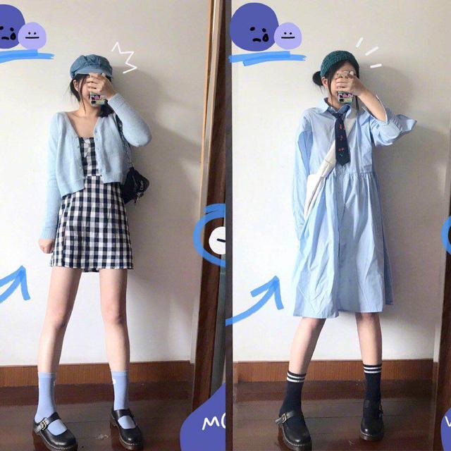 蓝色衬衣连衣裙 小皮鞋