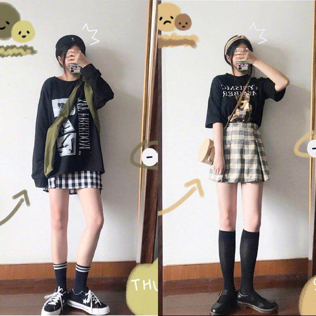 黑色T恤 格纹A字短裙