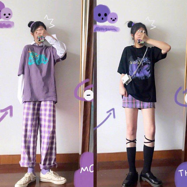 紫色假两件T恤 紫色格纹休闲裤