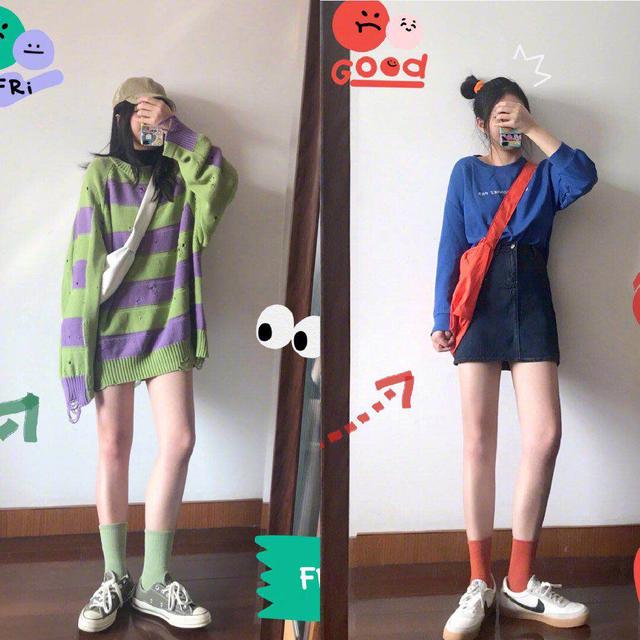 蓝色长袖T恤 藏蓝色牛仔裙