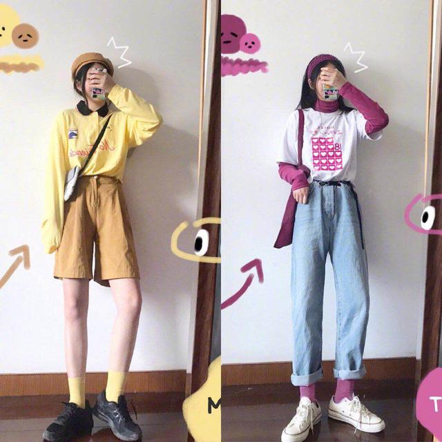 白色假两件T恤 蓝色直筒牛仔裤