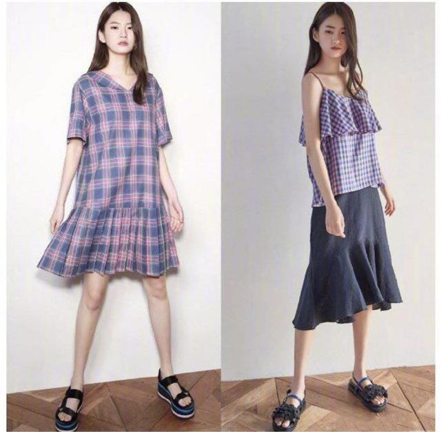 V领格纹连衣裙 夏日松糕凉鞋