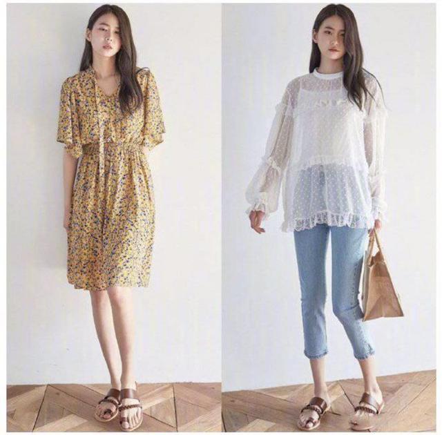 黄色小碎花连衣裙 棕色夏日凉鞋