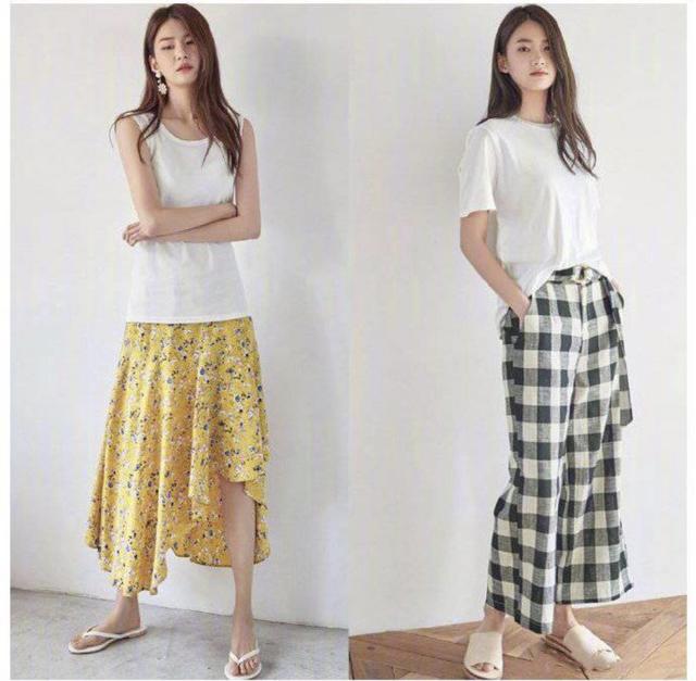 黄色不规则小碎花半身裙 白色背心