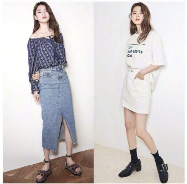 一字肩雪纺衫 牛仔开叉半身裙