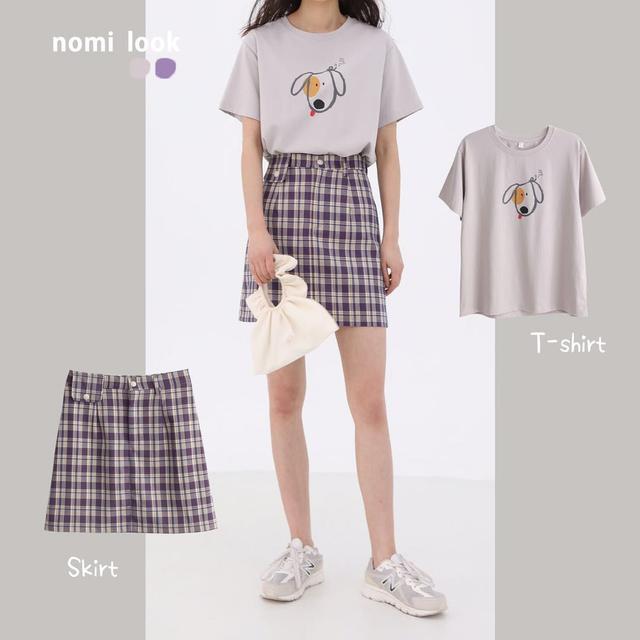 T恤 紫色格子短裙