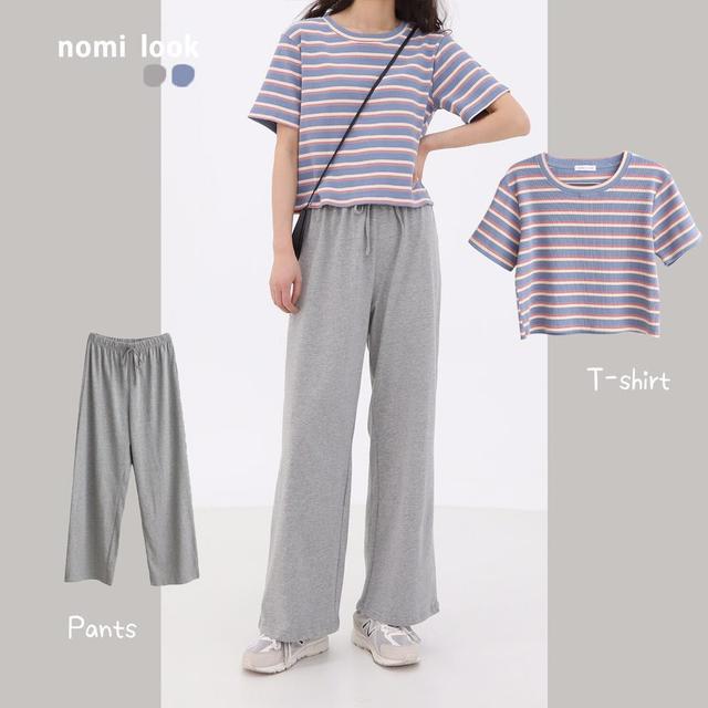 紫色条纹T恤 灰色拖地裤