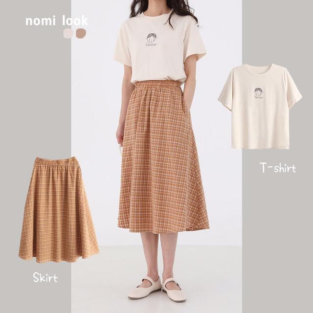 卡通T恤 橘色格子长裙