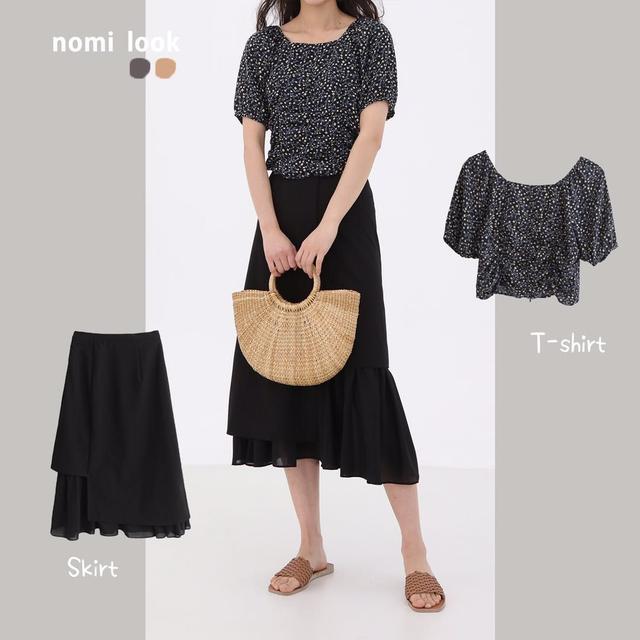 碎花短款上衣 不规则黑色长裙