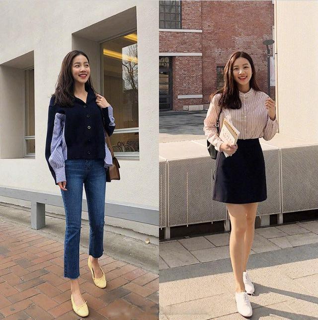 竖条纹衬衫 黑色针织短裙