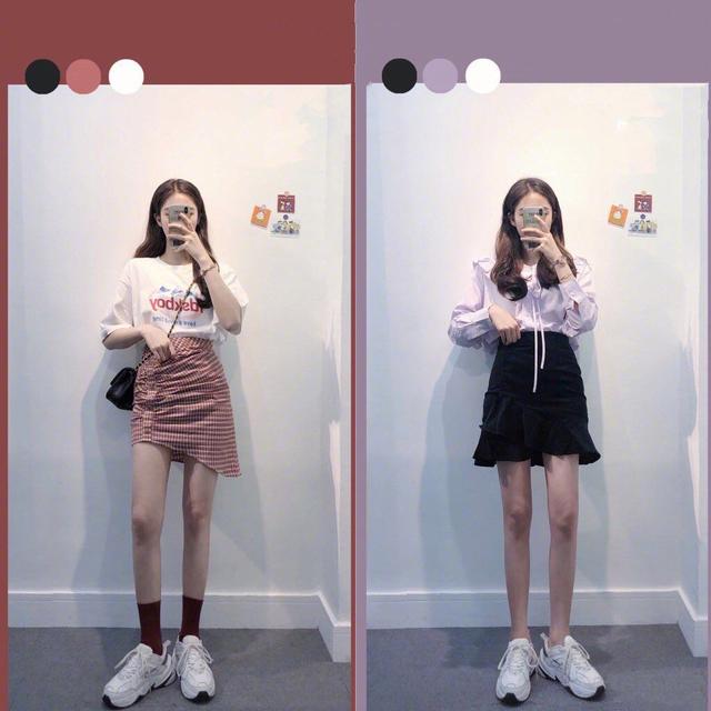 白色字母T恤 红色格纹不规则迷你裙