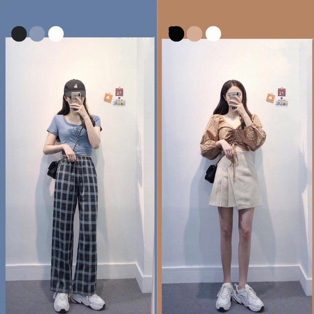 蓝色简约T恤 深蓝色格纹长裤