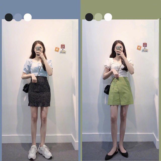 白色蕾丝T恤 绿色迷你裙