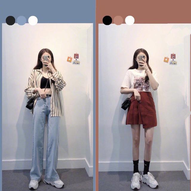 白色印花T恤 红色不规则半身裙