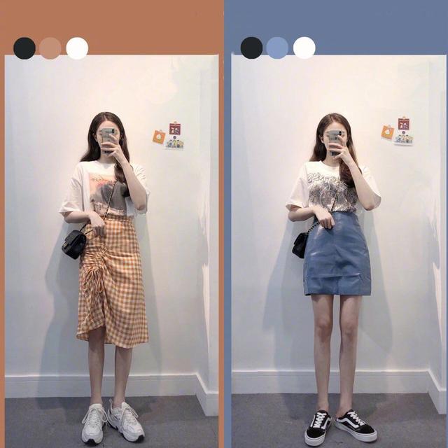 白色T恤 蓝色皮质迷你裙