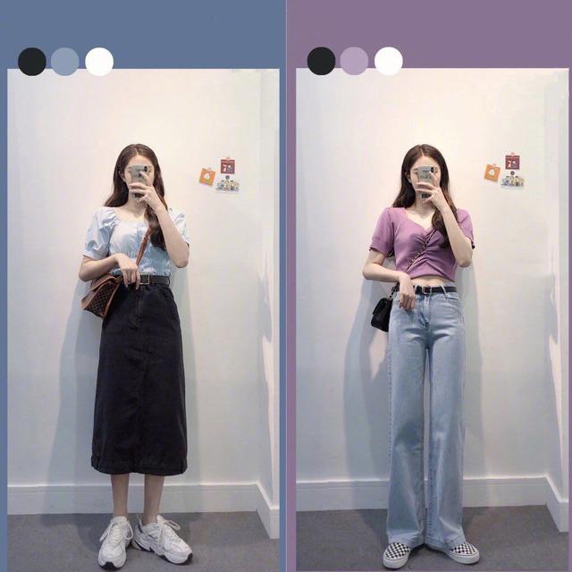 紫色T恤 蓝色牛仔直筒长裤