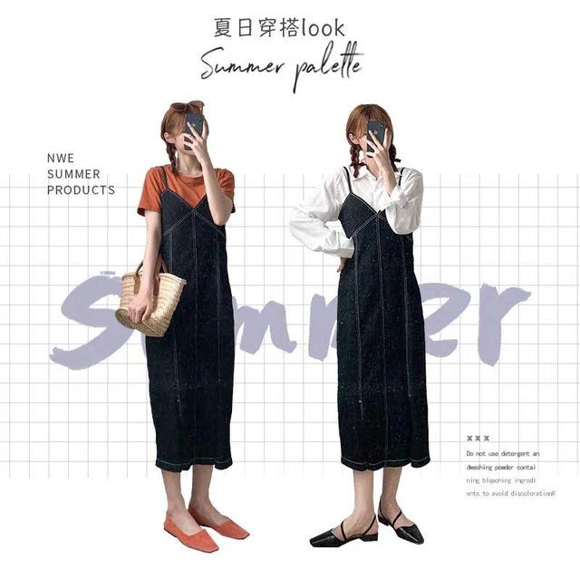 橘红色T恤 吊带牛仔连衣裙